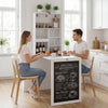 Convertible wall-mounted table with chalkboard, providing a stylish workspace and storage solution for small spaces.