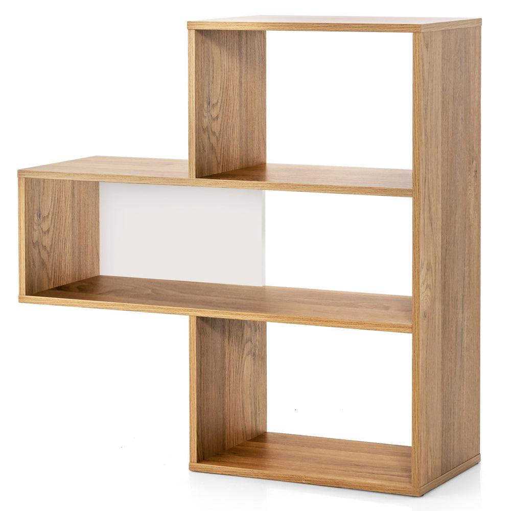 Geometric Convex Bookshelf with 3 open shelves, durable wood, and anti-toppling device for versatile home organization.