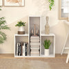 Convex bookshelf in white features three open shelves, anti-toppling devices, and a geometric design for versatile storage.