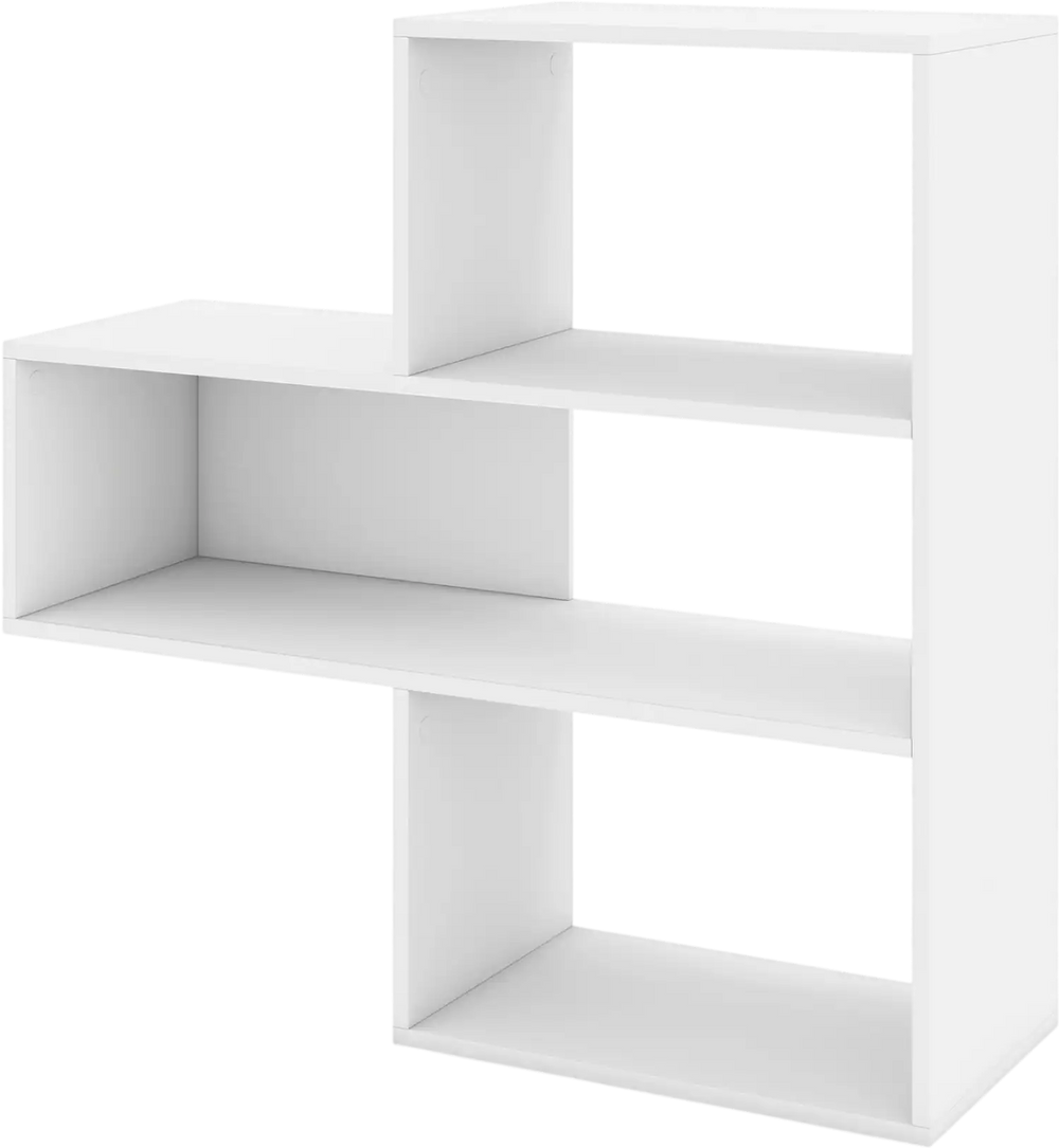 White convex bookshelf with 3 open shelves, featuring an anti-toppling device, ideal for living room or office storage.