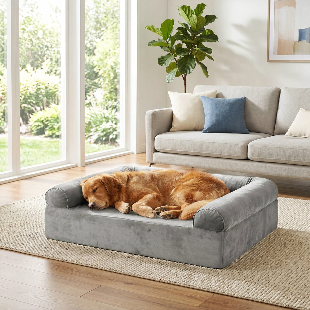 Cooling gel memory foam dog bed in light gray with 3-sided bolster, perfect for medium dogs and easy to clean.