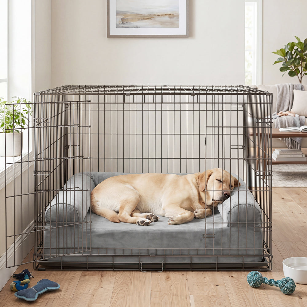 Cooling gel memory foam dog bed in light gray with 3-sided bolster, perfect for medium dogs and easy to clean.