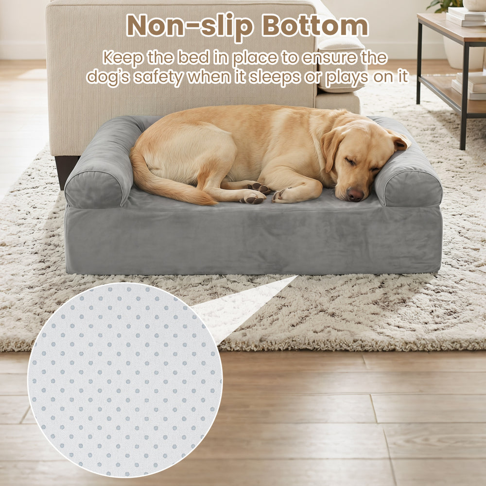 Cooling gel memory foam dog bed in light gray with non-slip bottom, ideal for medium dogs and easy to clean.
