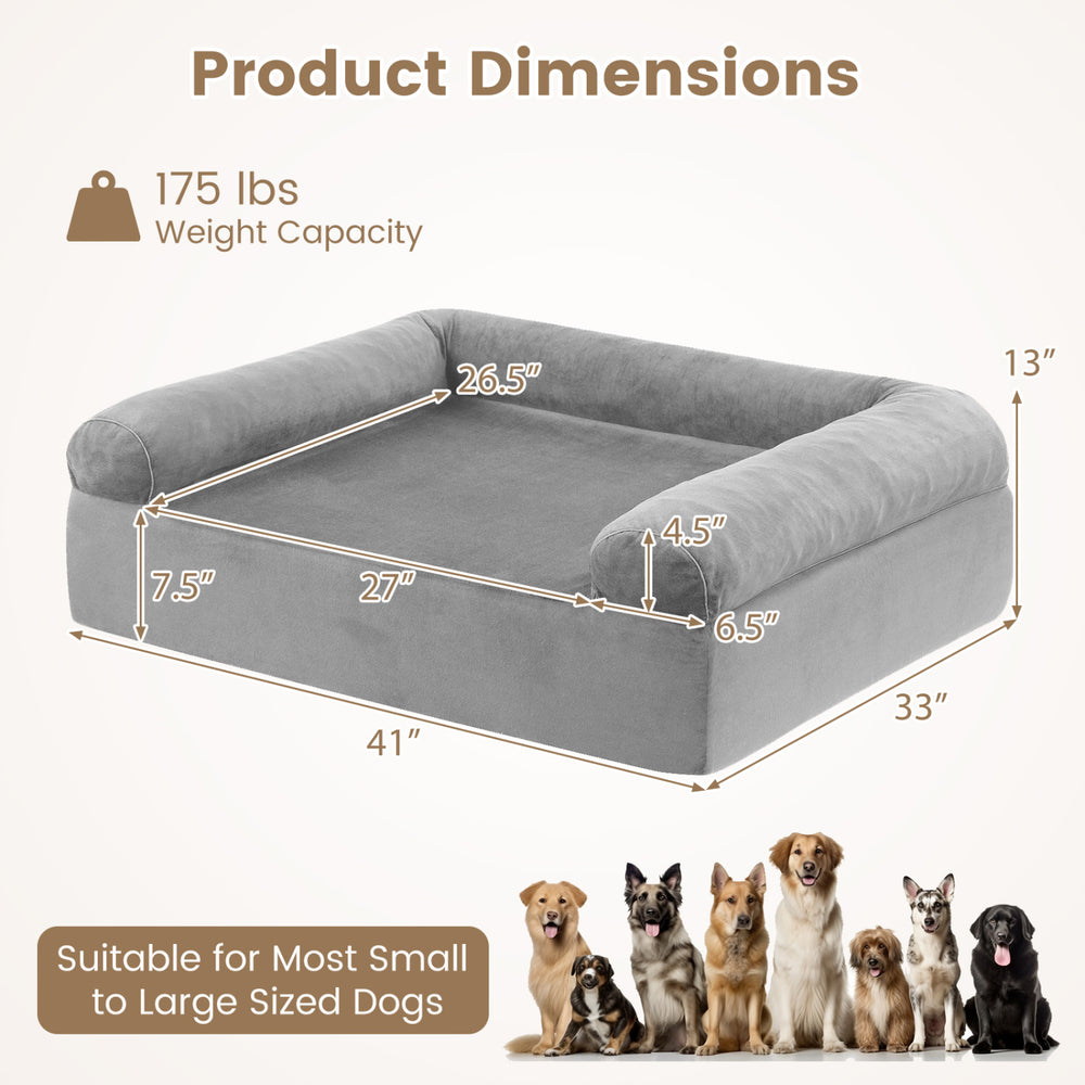 Cooling gel memory foam dog bed dimensions with 3-sided bolster design, suitable for small to medium dogs.