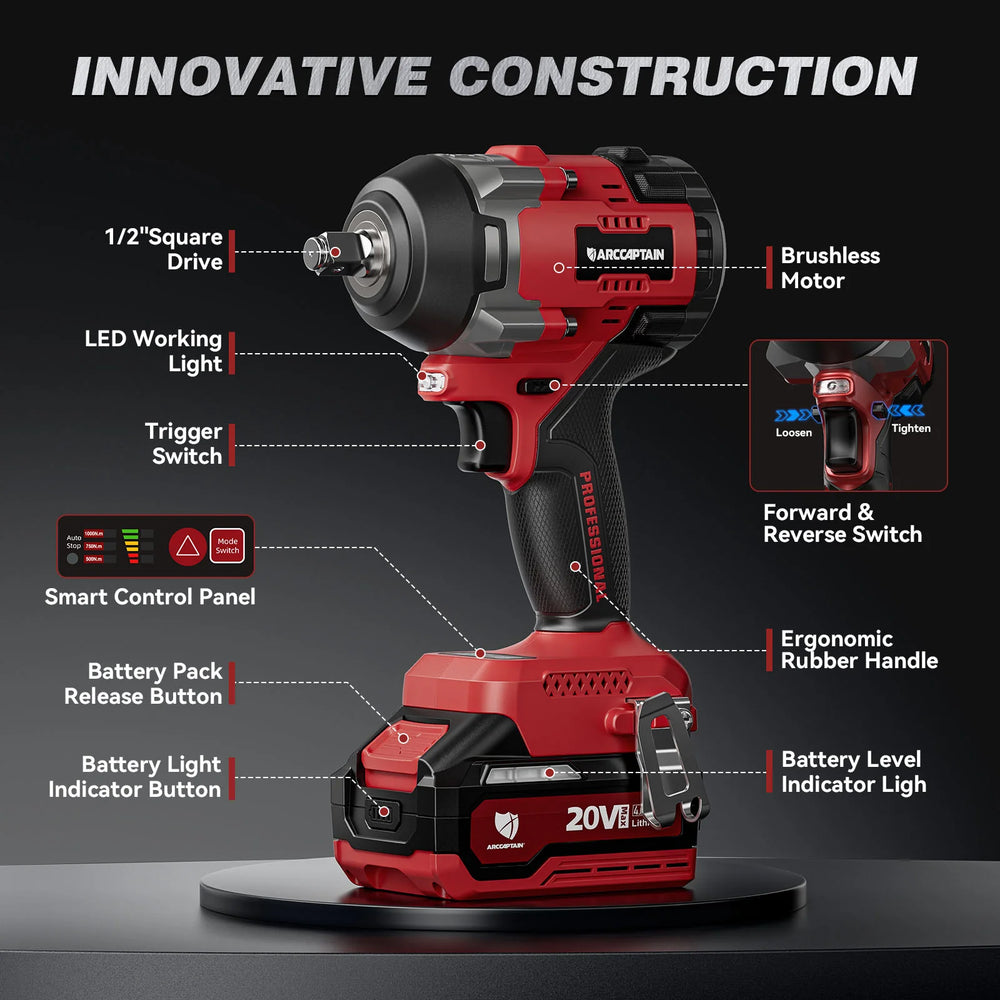 Arccaptain Impact Wrench 20V Brushless Cordless with Socket Set New