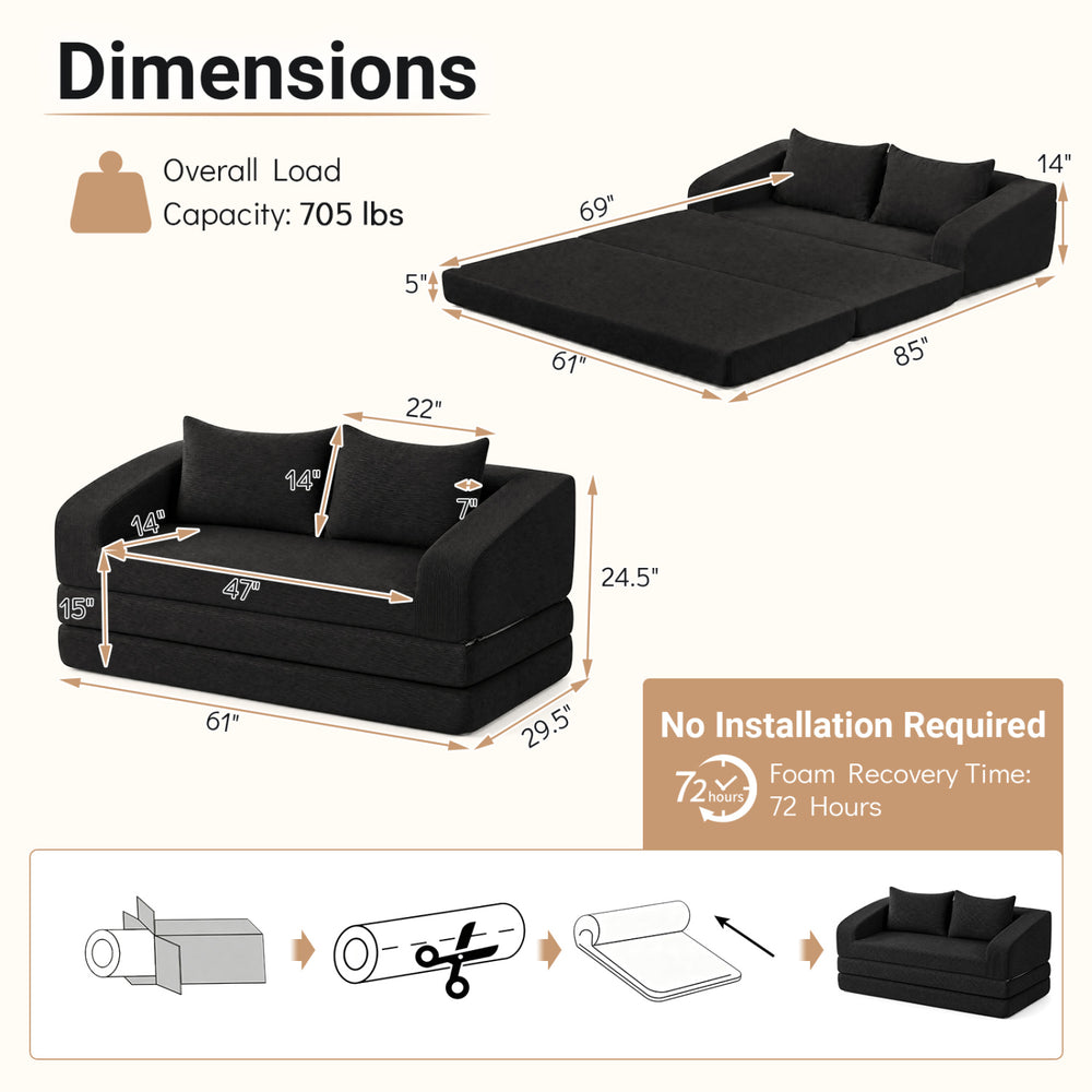 Corduroy loveseat sleeper sofa in black with two back cushions, easily converts for relaxing or sleeping, no installation needed.