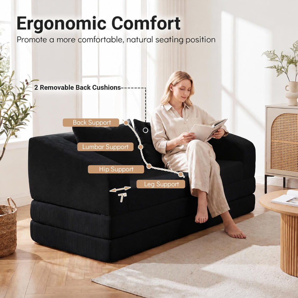 Corduroy loveseat sleeper sofa in black with two removable back cushions, ideal for relaxing, reading, or resting.
