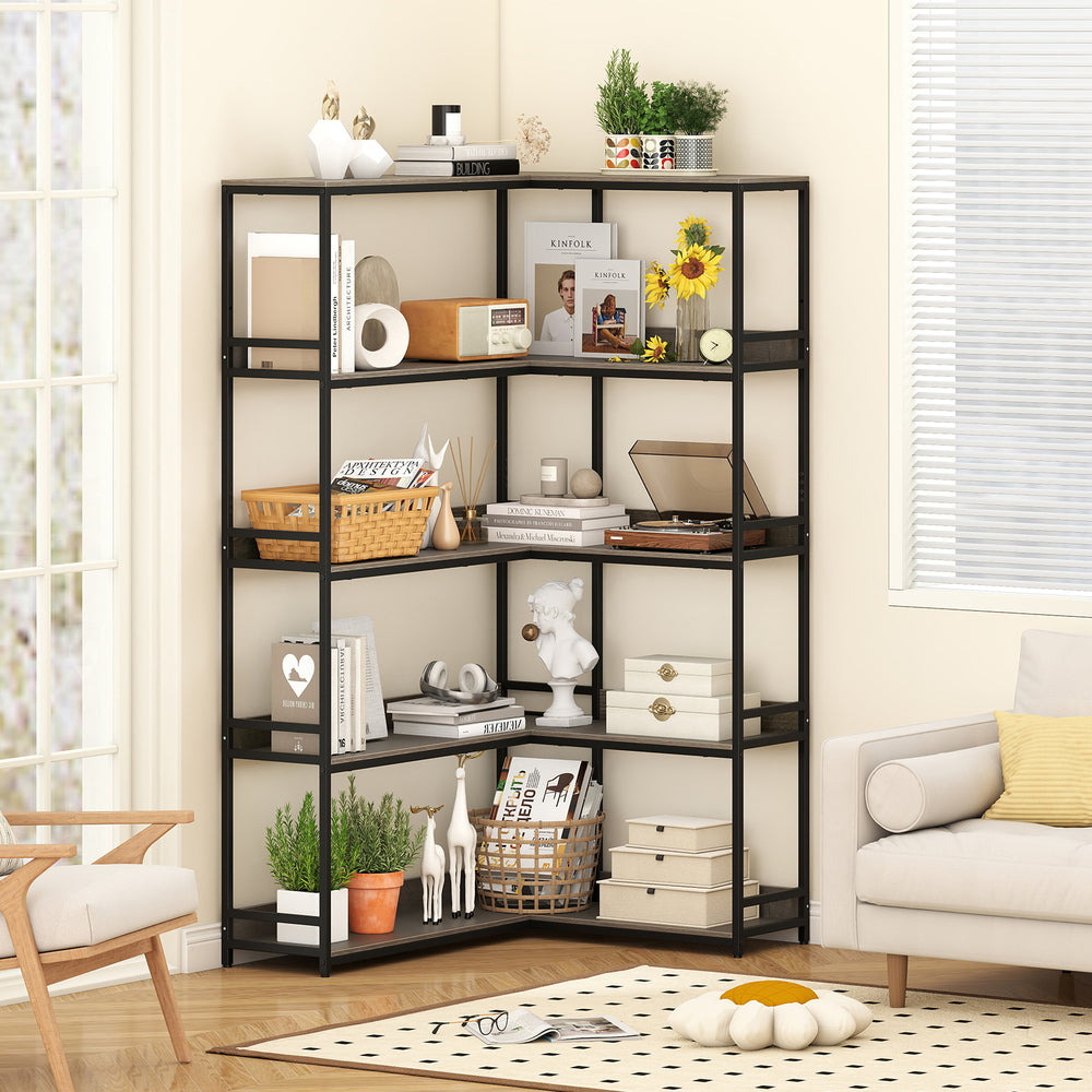 Corner Bookshelf 5-Tier L-Shaped Bookcase Etagere Bookshelf with Metal Frame-Oak - Gallery View 1 of 11
