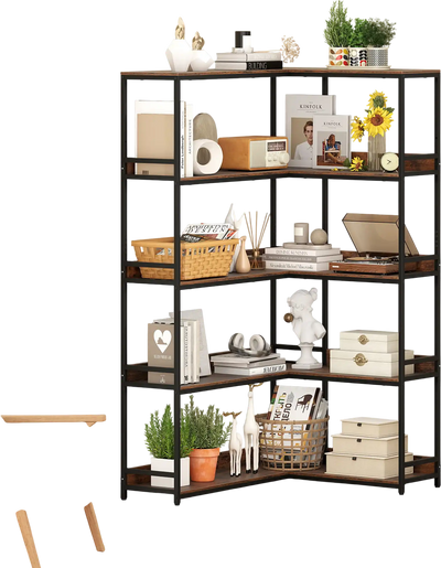Costway 5-Tier L-Shaped Corner Bookshelf Bookcase Rustic Brown 214867539 New