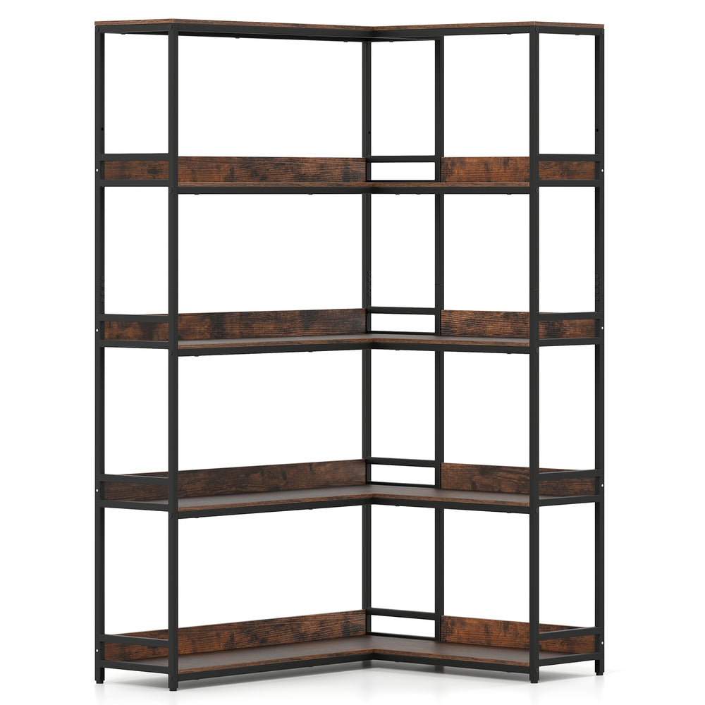 5-tier L-shaped corner bookshelf with a rustic brown finish and metal frame, ideal for living room or study storage.