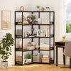 5-tier L-shaped corner bookshelf in rustic brown with metal frame, perfect for living room or study organization.