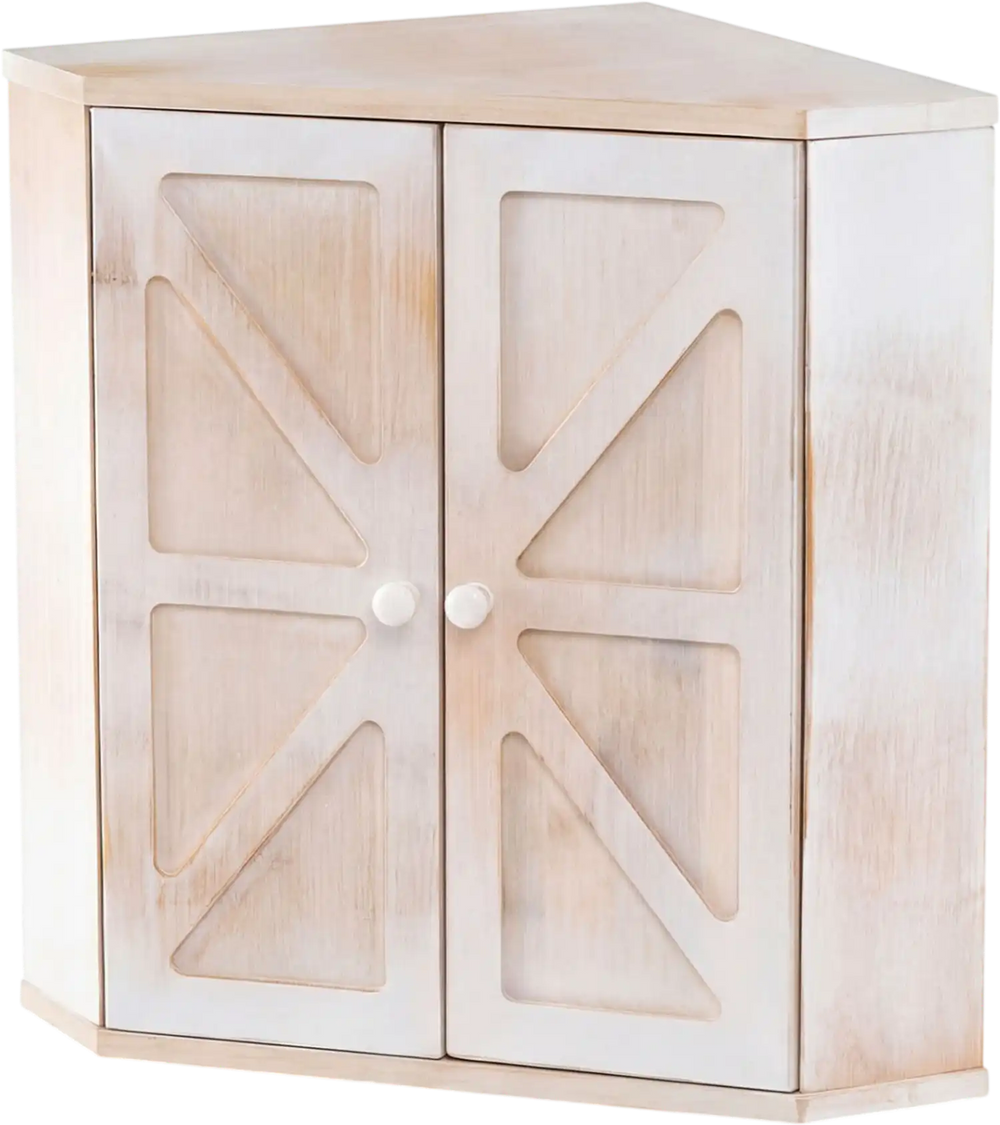 Corner bread box in white bamboo with dual-layer design and solid wood knobs, perfect for kitchen storage.