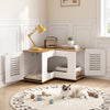 Corner cat litter box enclosure in white with dual rooms, featuring a spacious interior and large tabletop for organization.