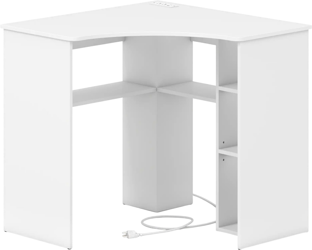 Corner computer desk with an arc-shaped profile, adjustable shelf, and five open shelves for versatile home office use.