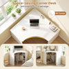 Corner computer desk with an arc-shaped profile and adjustable shelves, perfect for home office or study use.