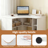Corner computer desk with an arc-shaped profile, adjustable shelf, and easy-to-clean surface for versatile home office use.