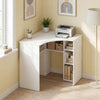 Corner computer desk with an arc-shaped profile, adjustable shelf, and five open storage spaces for versatile home office use.