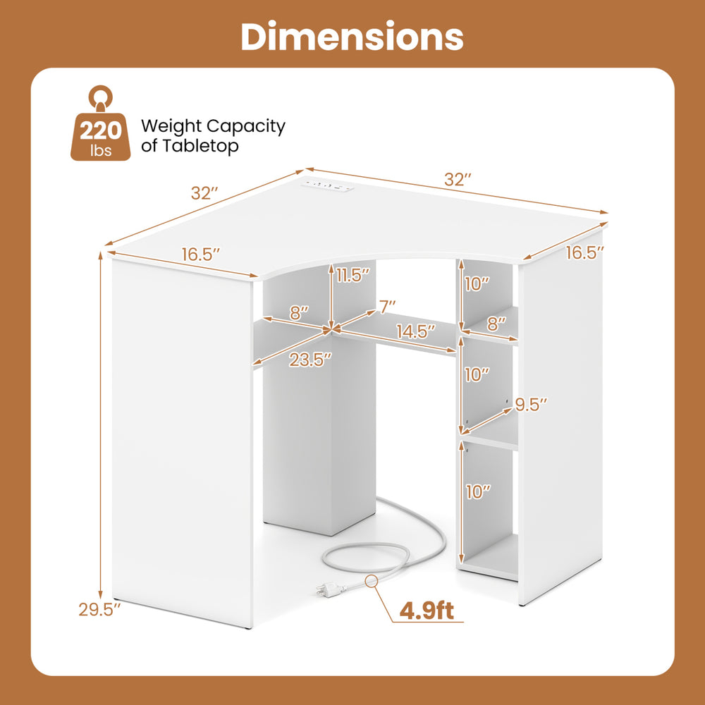 Corner computer desk dimensions display a 90° triangle design with a weight capacity of 220 lbs for effective workspace use.