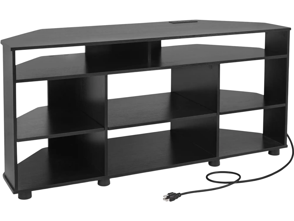 Black corner entertainment center TV stand with adjustable shelves, suitable for TVs up to 55 inches, maximizing space.