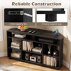 Corner entertainment center in black with ample storage, adjustable shelves, and sturdy support legs for TVs up to 55.
