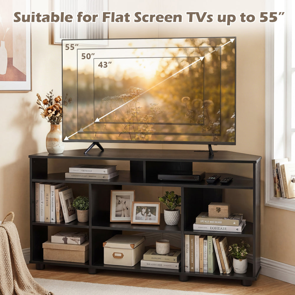 Corner TV stand in black for flat screen TVs up to 55 inches, featuring adjustable shelves and ample storage space.