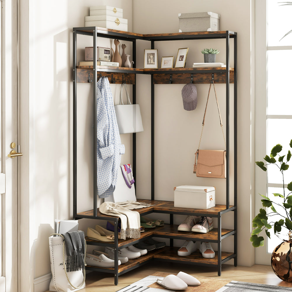 Corner Garment Rack with Open Shelves and 7 Hooks Shoe Bench-Rustic Brown - Gallery View 1 of 10
