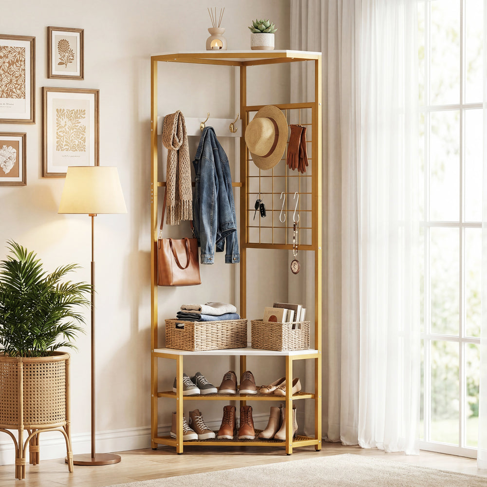 Corner Hall Tree Freestanding Coat Rack with Storage Shelves Removable Hooks-White - Gallery View 1 of 10