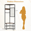 Corner hall tree with a right-angle design, brown finish, featuring coat hooks and storage shelves for entryway.