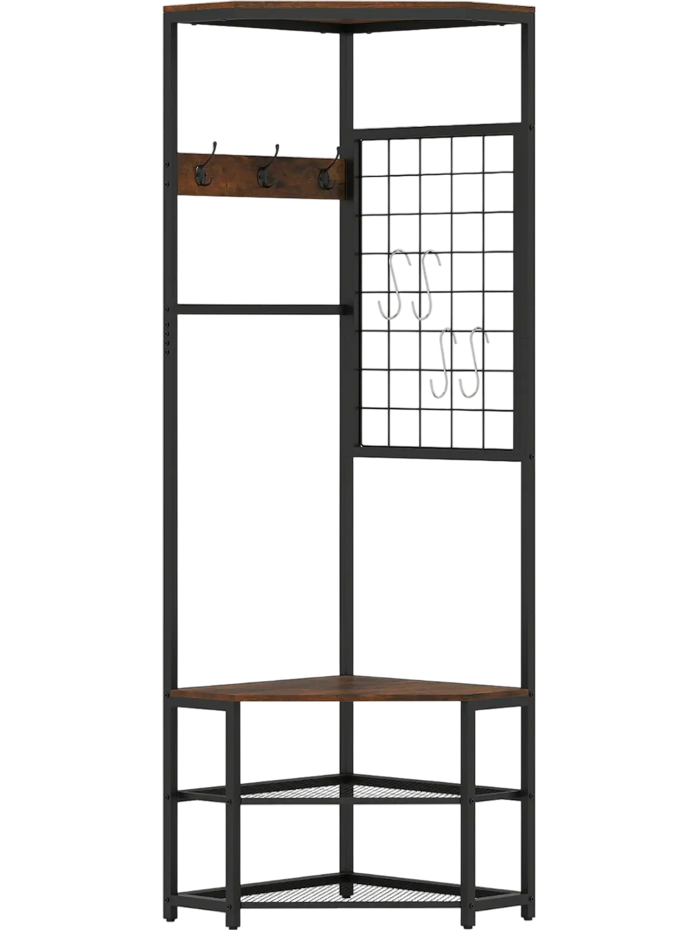 Freestanding corner hall tree with brown shelves, metal frame, 3 coat hooks, and 4 S-shaped hooks for entryway storage.