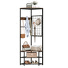 Freestanding corner hall tree with brown shelves, coat hooks, and storage for entryway organization and style.