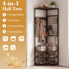 Corner hall tree with 3 coat hooks, 4 S-shaped hooks, and storage shelves in brown, perfect for entryway organization.