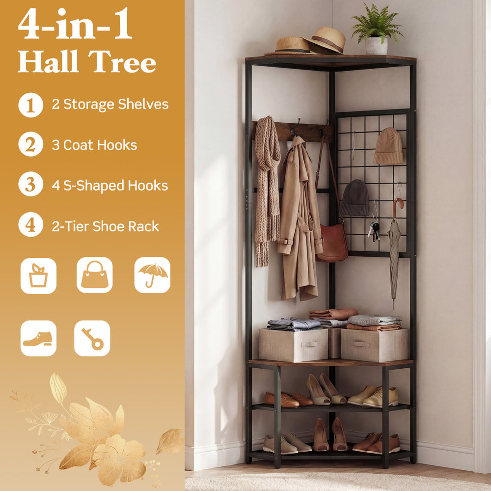 Corner hall tree with 3 coat hooks, 4 S-shaped hooks, and storage shelves in brown, perfect for entryway organization.