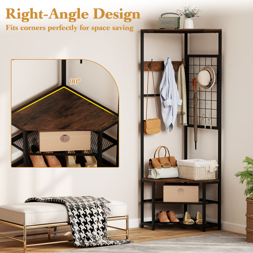 Corner hall tree with storage shelves and removable hooks in brown, designed for space-saving in entryways or bedrooms.