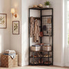 Corner hall tree with adjustable foot pads, spacious shelves, and removable hooks in brown, ideal for stylish entryway.