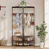 Corner hall tree with brown finish, featuring coat hooks, storage shelves, and a sturdy metal frame for entryway.