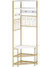 5-tier corner hall tree with white shelves, gold metal frame, integrated hooks, and shoe storage bench for hallway use.