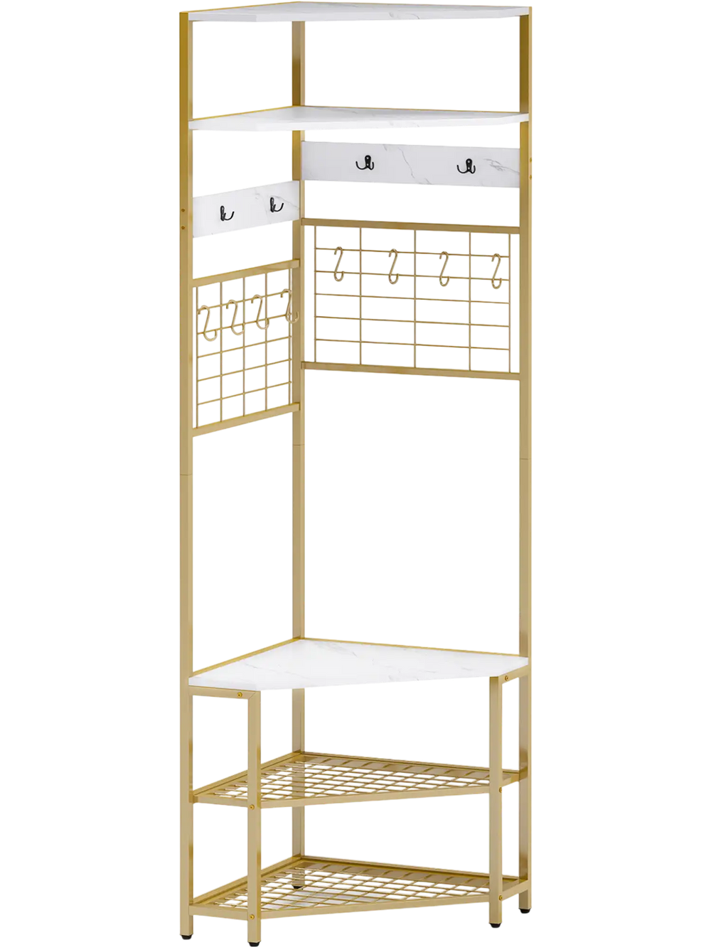 5-tier corner hall tree with white shelves, gold metal frame, integrated hooks, and shoe storage bench for hallway use.