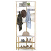 5-tier corner hall tree with shoe storage bench in white, featuring hooks and shelves for efficient organization.