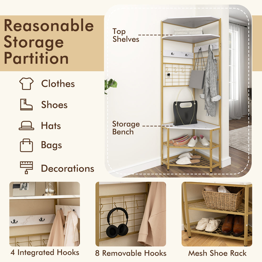5-tier corner hall tree with shoe storage bench in white, featuring integrated hooks and top shelves for organized.