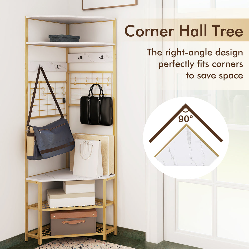 5-tier corner hall tree in white with shoe storage bench and hooks, perfect for saving space in hallways or living.