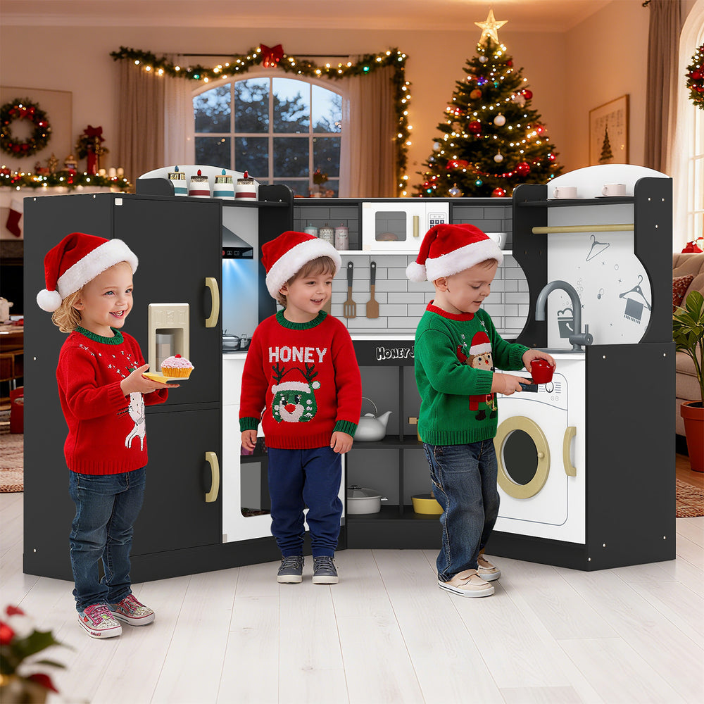 Corner Kids Play Kitchen with Washing Machine and Ice Maker Gift for Boys Girls-Black - Gallery View 1 of 9