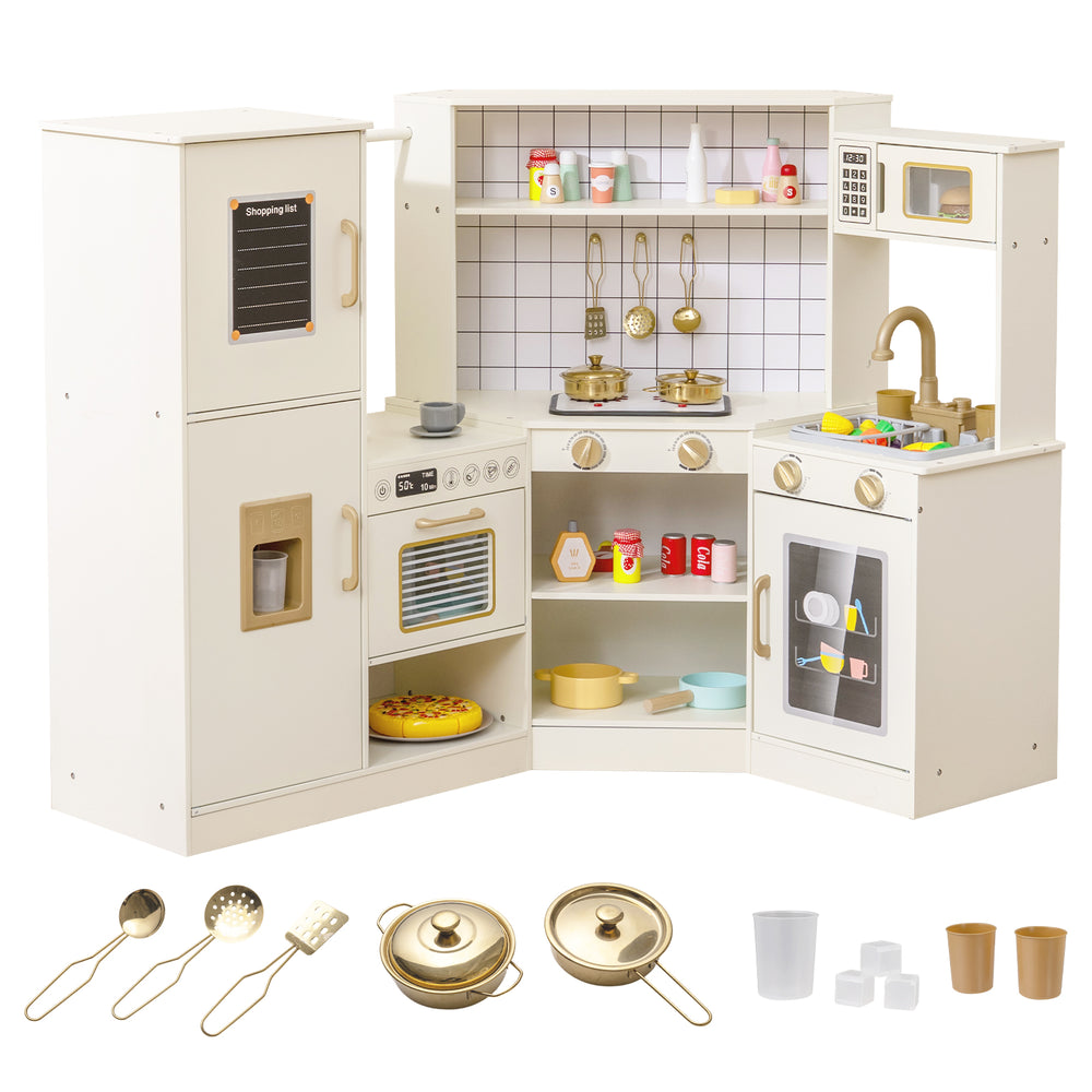 Corner kids play kitchen in beige with stoves, oven, and accessories for interactive culinary role-play.