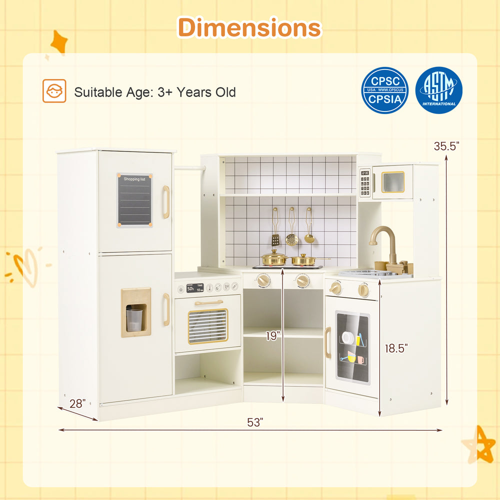 Corner kids play kitchen in beige with stoves, oven, and interactive sounds, designed for safe, imaginative play.