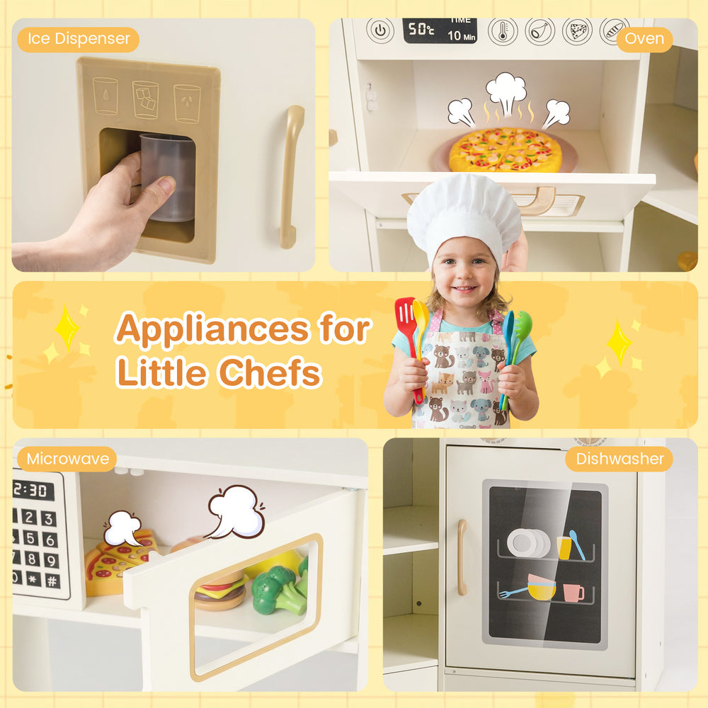 Kids play kitchen featuring an oven, microwave, ice dispenser, and dishwasher for imaginative culinary play.