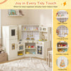 Corner kids play kitchen in beige with stoves, cabinets, and interactive features for immersive culinary play.