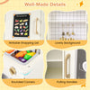 Detail shots of the Corner Kids Play Kitchen showing rounded corners, pulling handles, and a writable shopping list.