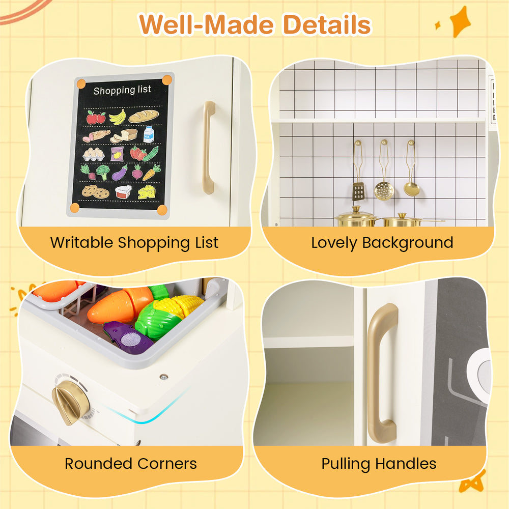 Detail shots of the Corner Kids Play Kitchen showing rounded corners, pulling handles, and a writable shopping list.