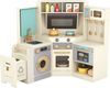 Corner kitchen playset in off-white with lights, sounds, and pull-out trash can for imaginative play and skill.