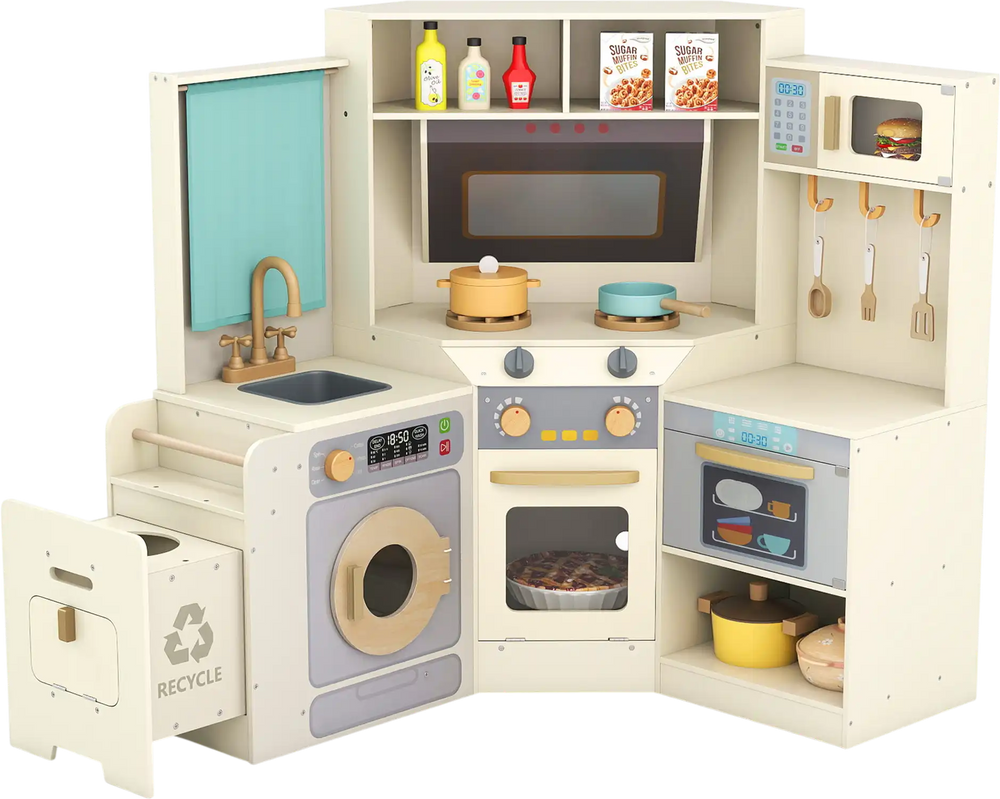 Corner kitchen playset in off-white with lights, sounds, and pull-out trash can for imaginative play and skill.