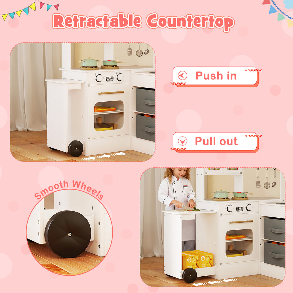 Retractable countertop with smooth wheels on the corner kitchen for kids, designed for easy push and pull functionality.